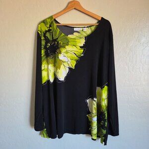 Susan Graver Liquid Knit Dark Floral Long Sleeve Top Black/Green 3X Plus Artsy